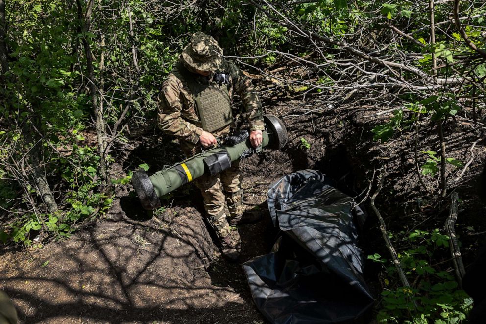 PHOTO: A Ukrainian Army soldier places a U.S.-made Javelin missile in a fighting position on the frontline, May 20, 2022, in Kharkiv Oblast, Ukraine.