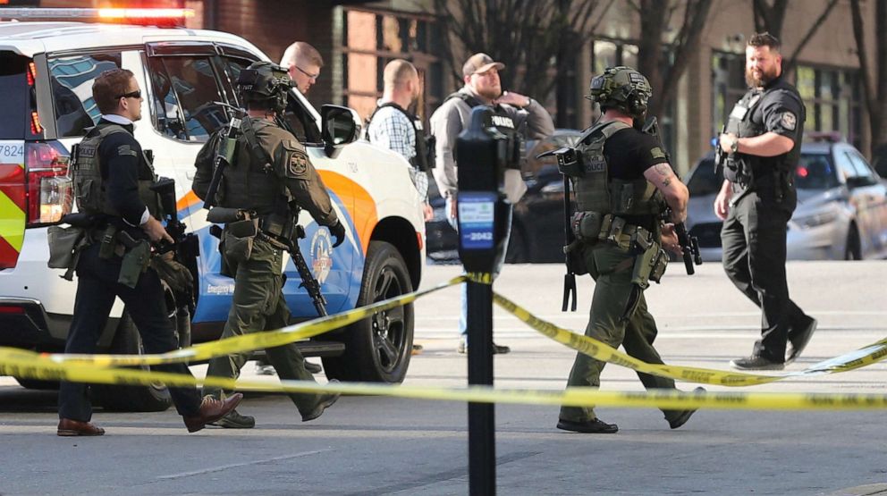 PHOTO: Police deploy at a shooting near Slugger Field baseball stadium in downtown Louisville, Ky., April, 10, 2023.
