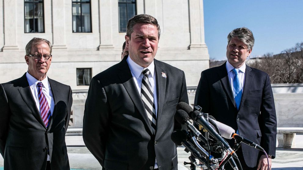 PHOTO: Andrew Bailey, Missouri's attorney general, speaks to members of the media following oral arguments outside the US Supreme Court in Washington, DC, Feb. 28, 2023.