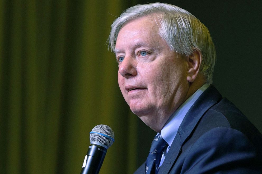 PHOTO: Senator Lindsey Graham speaks during the Vision 2024 National Conservative Forum at the Charleston Area Convention Center in Charleston, S.C., March 18, 2023.