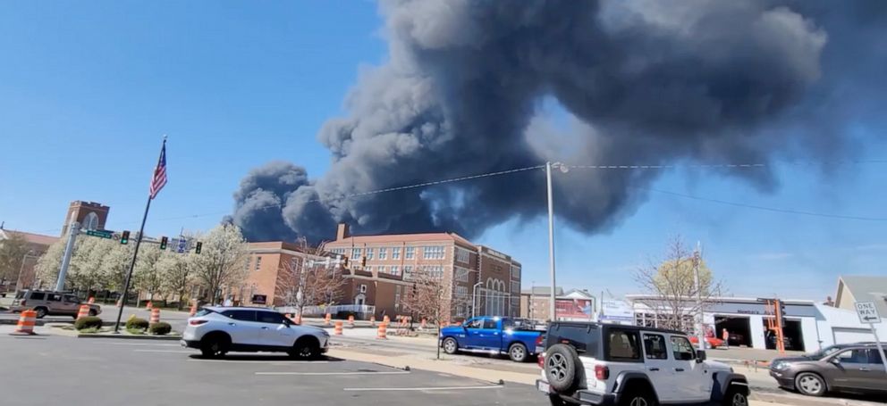 PHOTO: A grab from video shows a smoke plume from a fire at a recycling plant in Richmond, Ind., April 11, 2023.