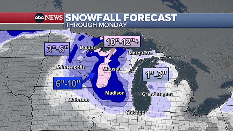 PHOTO: Through Monday, accumulating snow is forecast much of the Great Lakes region. The bulk of the snow will accumulate tonight into Monday morning. The snow will be heavy and wet, hard to shovel and potential leading to some power outages.