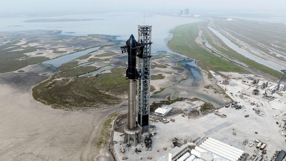 PHOTO: This undated photo provided by SpaceX shows the company's Starship rocket at the launch site in Boca Chica, Texas.