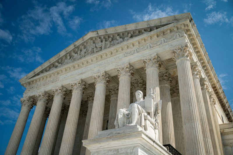 WASHINGTON, DC - SEPTEMBER 28: The Guardian or Authority of Law, created by sculptor James Earle Fraser, rests on the side of the U.S. Supreme Court on September 28, 2020 in Washington, DC. (Photo by Al Drago/Getty Images)