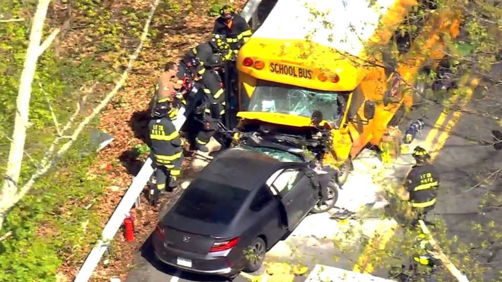 PHOTO: A school bus and car are seen after a head-on crash in Mount Kisco, New York, April 26, 2023.
