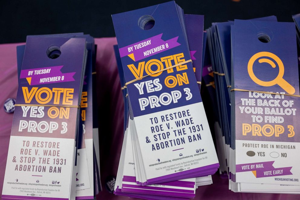PHOTO: Proposal 3 flyers are seen on a table at the RFFA Dearborn site on Nov. 6, 2022, in Dearborn, Mich., ahead of the midterm elections.