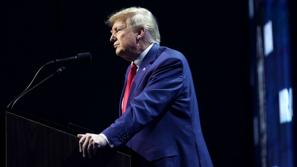 PHOTO: Former President Donald Trump speaks to guests at the 2023 NRA-ILA Leadership Forum on April 14, 2023 in Indianapolis, Indiana.