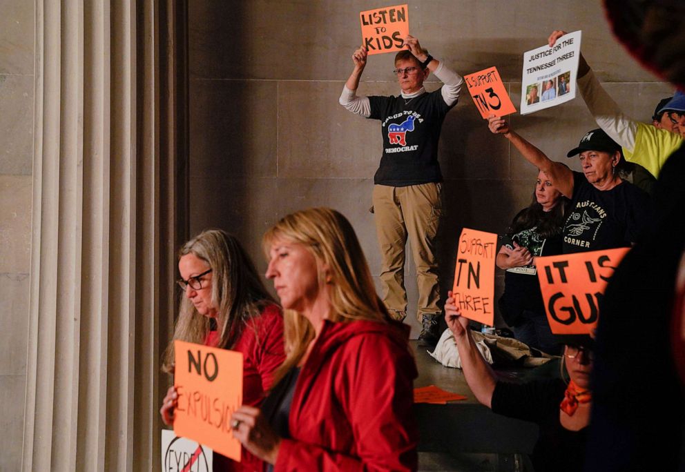 PHOTO: Protesters gather as Republicans who control the Tennessee House of Representatives prepare to vote on whether to expel three Democratic members for their role in a gun control demonstration, in Nashville, Tenn., April 6, 2023.