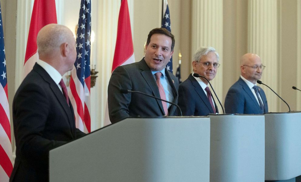 PHOTO: Public Safety Minister Marco Mendicino speaks alongside Minister of Justice and Attorney General of Canada David Lametti, U.S. Attorney General Merrick Garland and U.S. Secretary of Homeland Security Alejandro Mayorkas Apr. 28, 2023 in Ottawa.