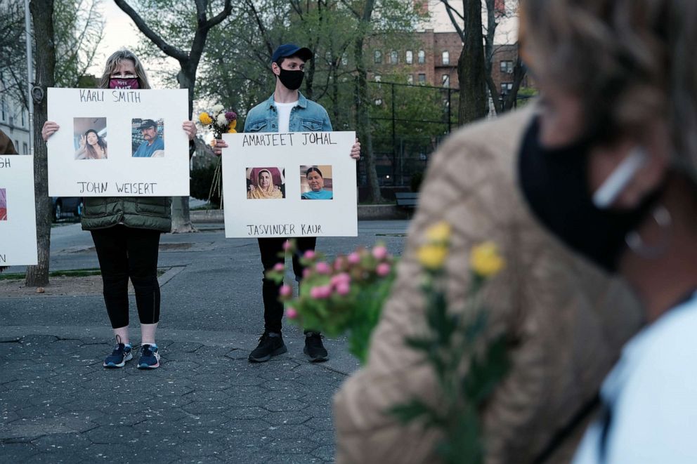PHOTO: In this April 19, 2021, file photo, local politicians and community members attend a vigil in New York. The vigil is held for the members of the Sikh community killed in the mass shooting at a FedEx facility in Indianapolis last week.