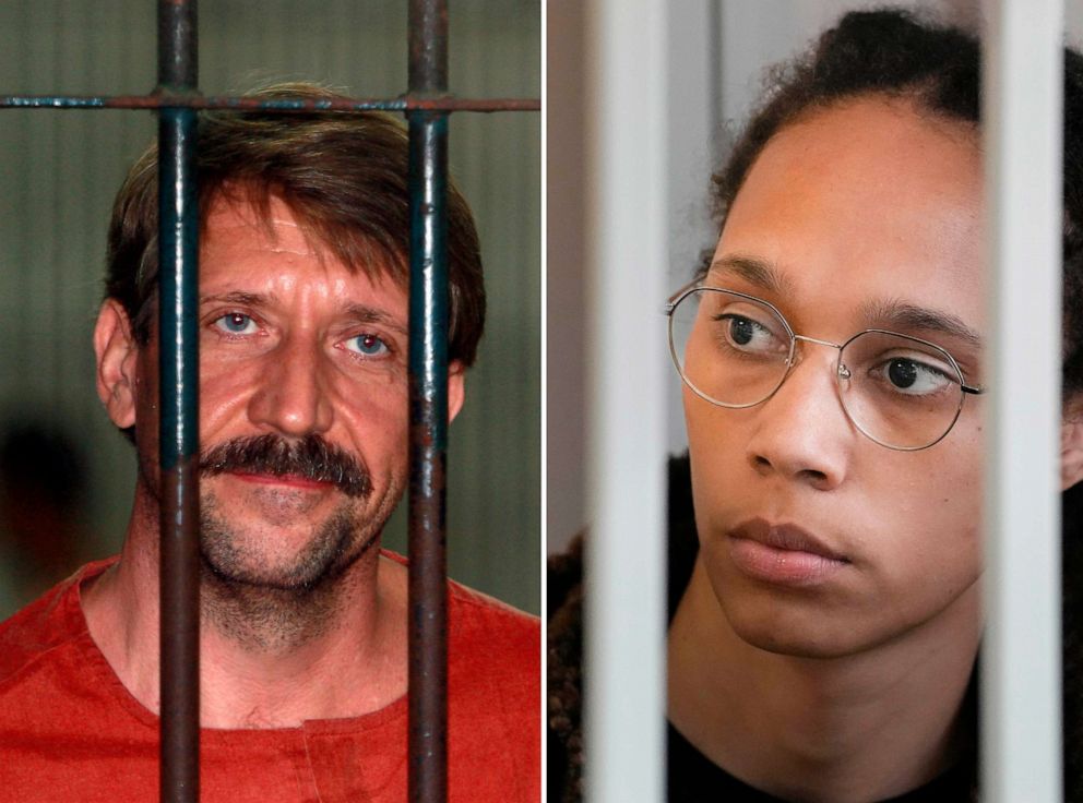PHOTO: Viktor Bout, left, at the criminal court in Bangkok, Aug. 20, 2010, and Brittney Griner, right, in a court room prior to a hearing in Khimki, Russia, July 27, 2022.