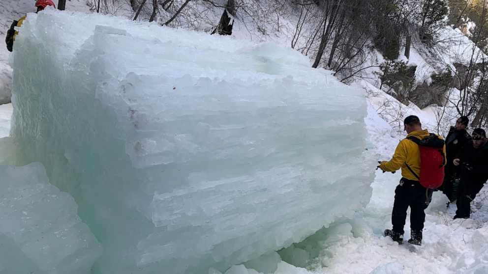 PHOTO: A hiker is dead and two others are lucky to be alive after an ice column fell from a frozen waterfall and nearly killed all of them before the victim pushed one of them out of the way to safety in Duchesne County, Utah, on Sunday, April 2, 2023.