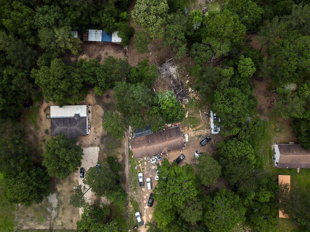 PHOTO: In this aerial view, an exterior of a crime scene where five people were killed after a shooting inside a home, April 29, 2023 in Cleveland, Texas.