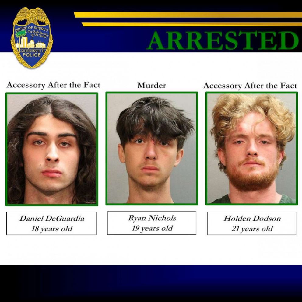 PHOTO: Daniel DeGuardia, 18, Ryan Nichols, 19 and Holden Dodson, 21, have been arrested in the murder of a black man in Jacksonville Florida, May 5, 2023.