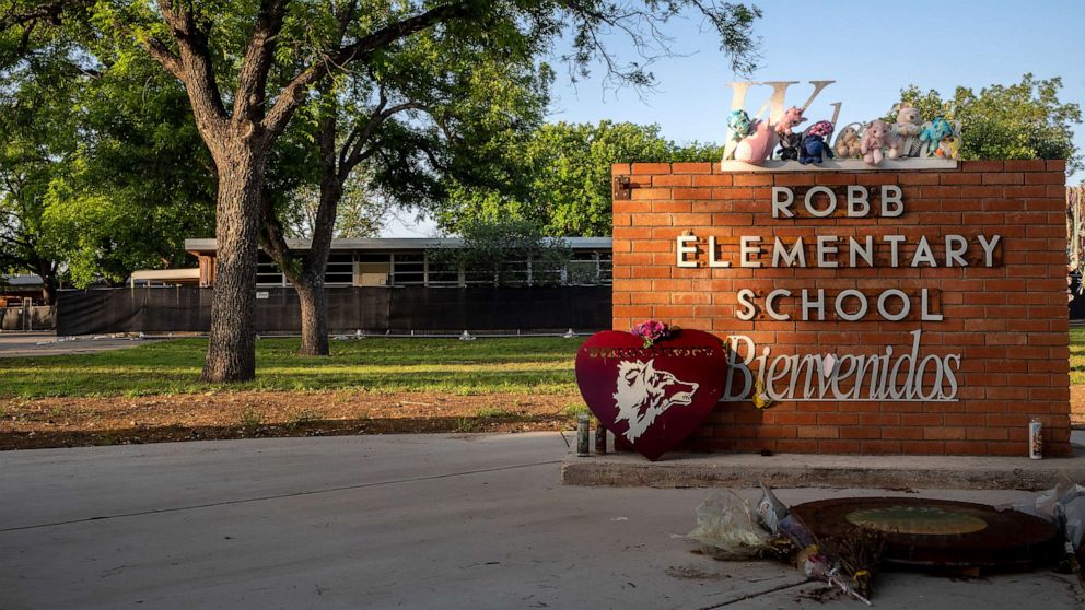 PHOTO: A memorial dedicated to the 19 children and two adults murdered on May 24, 2022 during the mass shooting at Robb Elementary School is seen on April 27, 2023, in Uvalde, Texas.