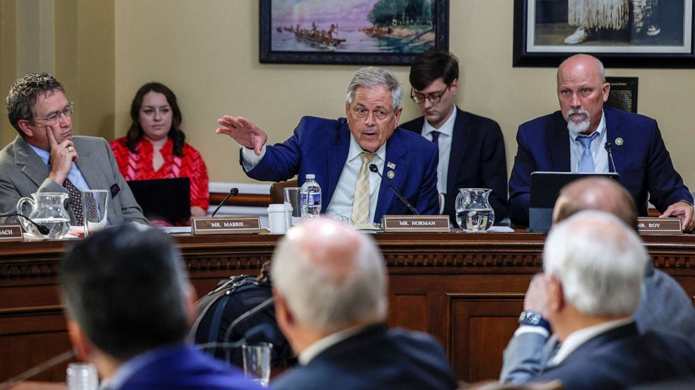 PHOTO: Representative Norman (R-SC) questions a witness alongside Representatives Massie (R-KY) and Roy (R-TX) during a House Committee on Rules hearing about whether to raise the United States' debt ceiling and avoid default, the Capitol, May 30, 2023.