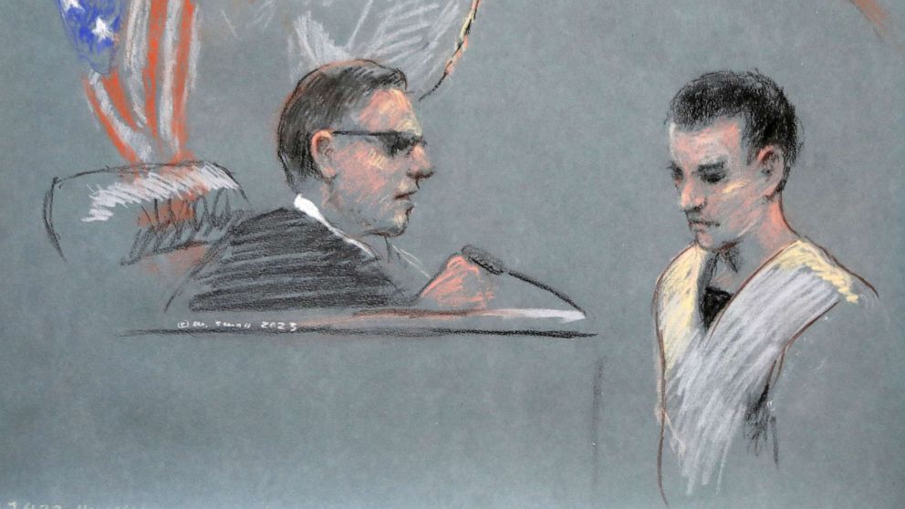 PHOTO: Jack Douglas Teixeira, a U.S. Air Force National Guard airman accused of leaking highly classified military intelligence records online, makes his initial appearance before a federal judge in Boston, on April 14, 2023, in a courtroom sketch.