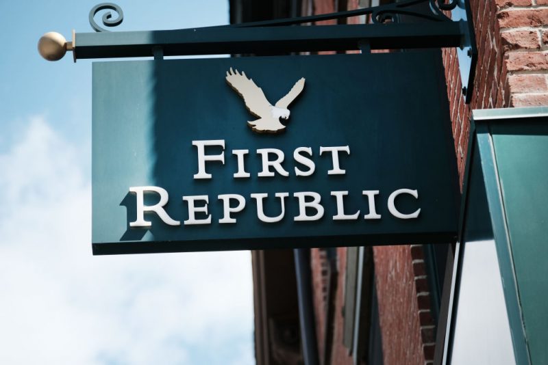 A sign for a First Republic bank branch is seen in Manhattan on April 24, 2023 in New York City. The U.S. bank will reveal its latest financial results but concerns over small and medium-sized banks persist following the collapse of Silicon Valley Bank (SVB) in March. (Photo by Spencer Platt/Getty Images)