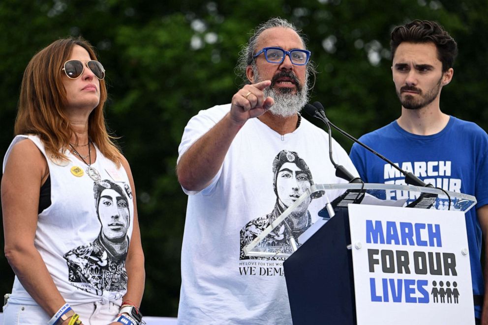 PHOTO: In this June 11. 2022, file photo, Parkland school shooting victim Joaquin Oliver's parents Manuel Oliver and Patricia Oliver speak to gun control advocates during the "March for Our Lives" rally on the National Mall in Washington, D.C.