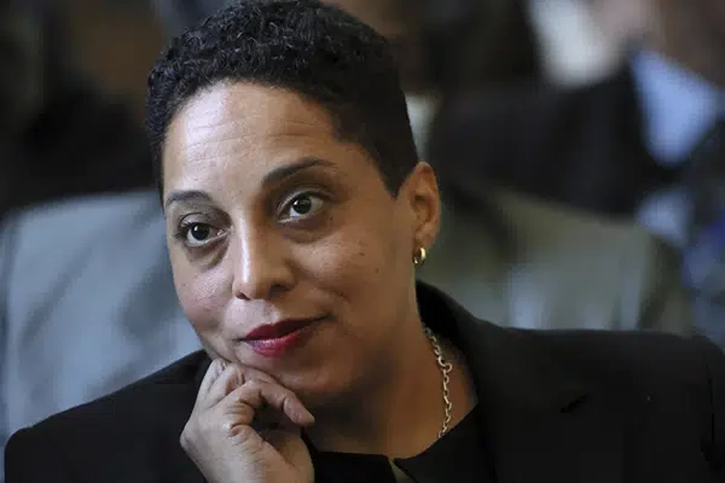 St. Louis Circuit Attorney Kim Gardner sits behind her attorneys in a courtroom, April 18, 2023, in St. Louis during the first hearing of a lawsuit by Missouri Attorney General Andrew Bailey seeking to remove Gardner from office. Gardner announced Thursday, May 4, that she will resign effective June 1 amid calls from Republican leaders for her ouster. (David Carson/St. Louis Post-Dispatch via AP, Pool, File)