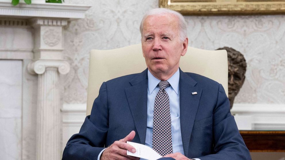 PHOTO: President Joe Biden speaks during a meeting on the debt ceiling with US House Speaker Kevin McCarthy (R-CA), not pictured, in the Oval Office of the White House in Washington, DC, on May 22, 2023.