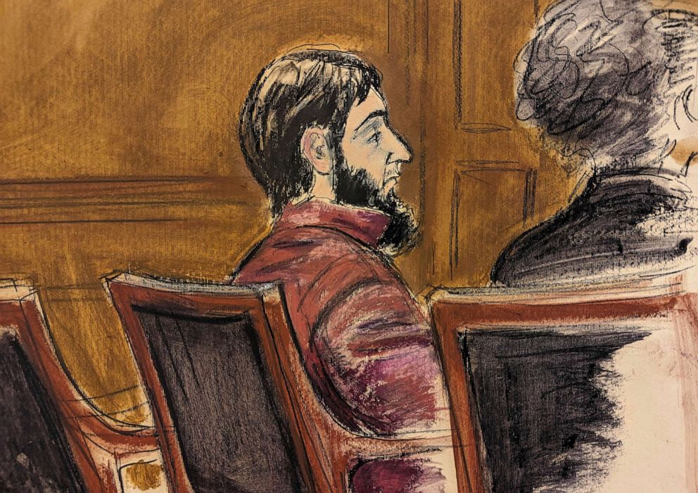 PHOTO: In this courtroom sketch, in federal court in New York, March 8, 2023, Sayfullo Saipov sits at the defense table waiting for the commencement of jury instructions in the penalty phase of his trial.