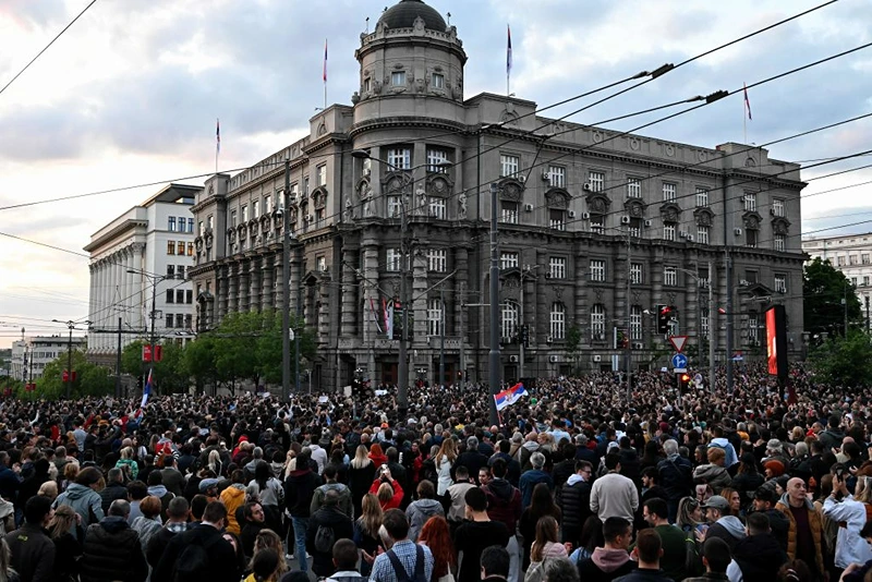 Demonstrators march during a rally to call for the resignation of top officials and the curtailing of violence in the media, just days after back-to-back shootings stunned the Balkan country, in Belgrade on May 8, 2023. (Photo by ANDREJ ISAKOVIC / AFP) (Photo by ANDREJ ISAKOVIC/AFP via Getty Images)