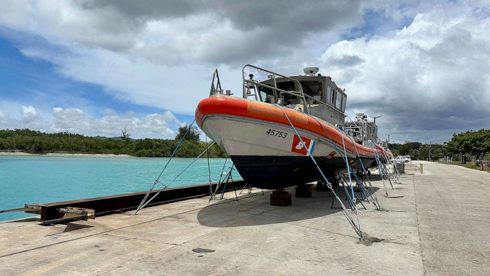 PHOTO: U.S. Coast Guard Station Apra Harbor 45-foot Response Boat Mediums are hauled out and attached to heavy weather tie-downs on May 21, 2023, in advance of Forces Micronesia Sector Guam crews ahead of the arrival of Typhoon Mawar.