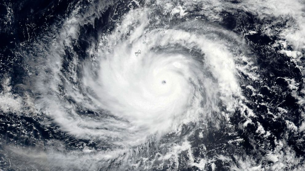 PHOTO: Satellite image released by NASA, May 23, 2023, shows Typhoon Mawar in the Pacific, approaching Guam.