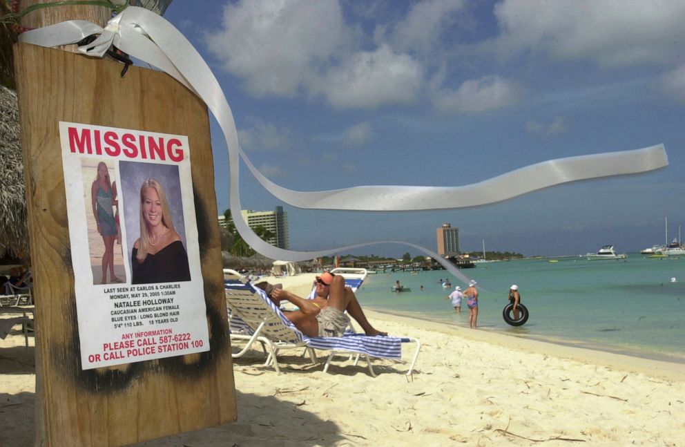 PHOTO: In this file photo, a sign of Natalee Holloway, an Alabama high school graduate who disappeared while on a graduation trip to Aruba, is seen on Palm Beach, in front of her hotel in Aruba, Friday, June 10, 2005.