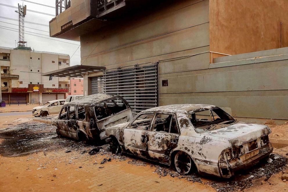 PHOTO: Destroyed vehicles are pictured outside the burnt-down headquarters of Sudan's Central Bureau of Statistics, on al-Sittin (sixty) road in the south of Khartoum, May 29, 2023.