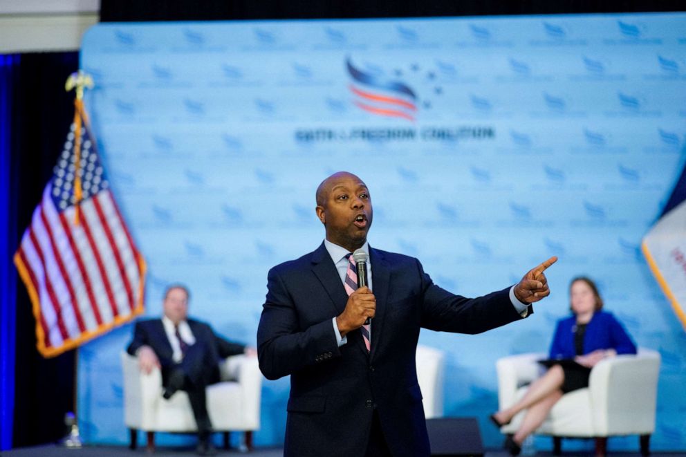 PHOTO: Senator Tim Scott (R-SC) speaks at the Iowa Faith & Freedom Coalition Spring Kick-off in West Des Moines, Iowa, April 22, 2023.