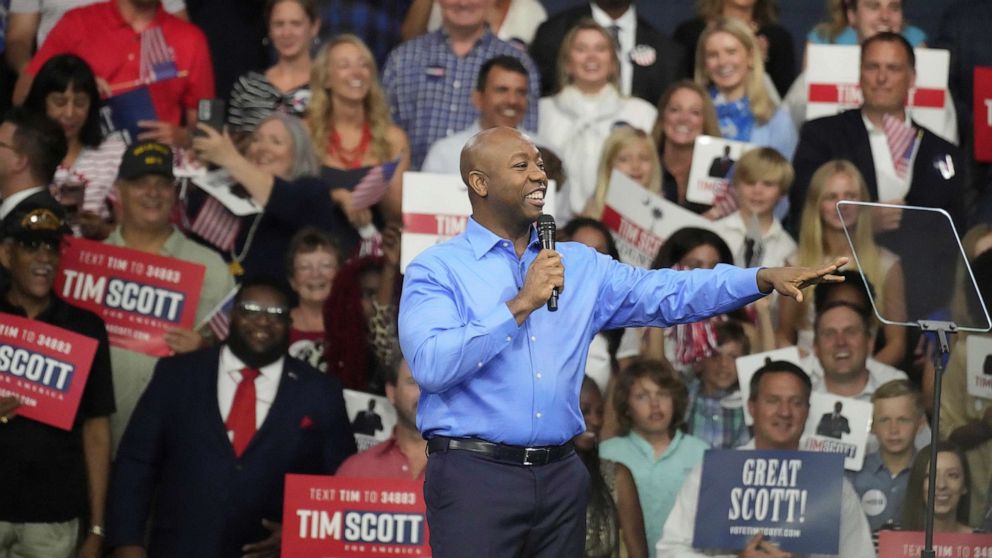 PHOTO: Sen. Tim Scott gives remarks at his presidential campaign announcement event at his alma mater, Charleston Southern University, May 22, 2023, in North Charleston, S.C.