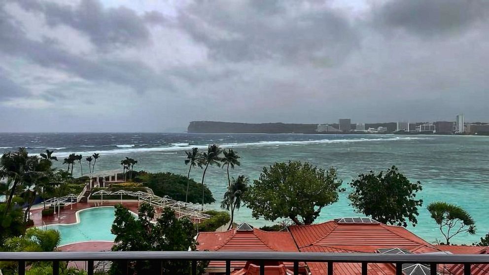 PHOTO: This photo provided by the U.S. Coast Guard overlooking Noverlooking Tumon Bay in Guam, as Super Typhoon Mawar closes in on May 23, 2023.