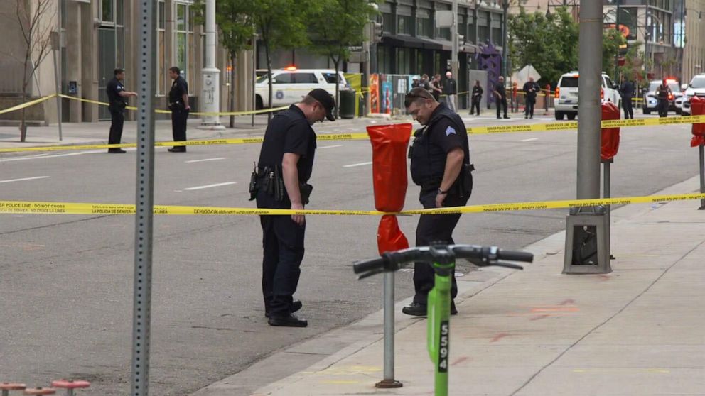 PHOTO: Two men were hurt in an apparently targeted shooting as revelers left downtown Denver following a parade for the Denver Nuggets, on June 15, 2023.