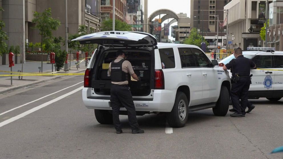 PHOTO: Two men were hurt in an apparently targeted shooting as revelers left downtown Denver following a parade for the Denver Nuggets, on June 15, 2023.