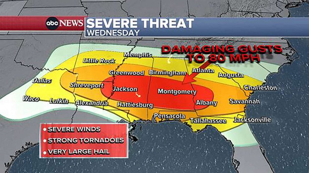 PHOTO: A severe threat level 4 out of 5 is issued from Louisiana to Georgia, with cities such as Jackson, Montgomery, Dothan, Columbus, and Albany in the crosshairs of the worst of the storms – including the severe winds to 80mph and strong tornadoes.