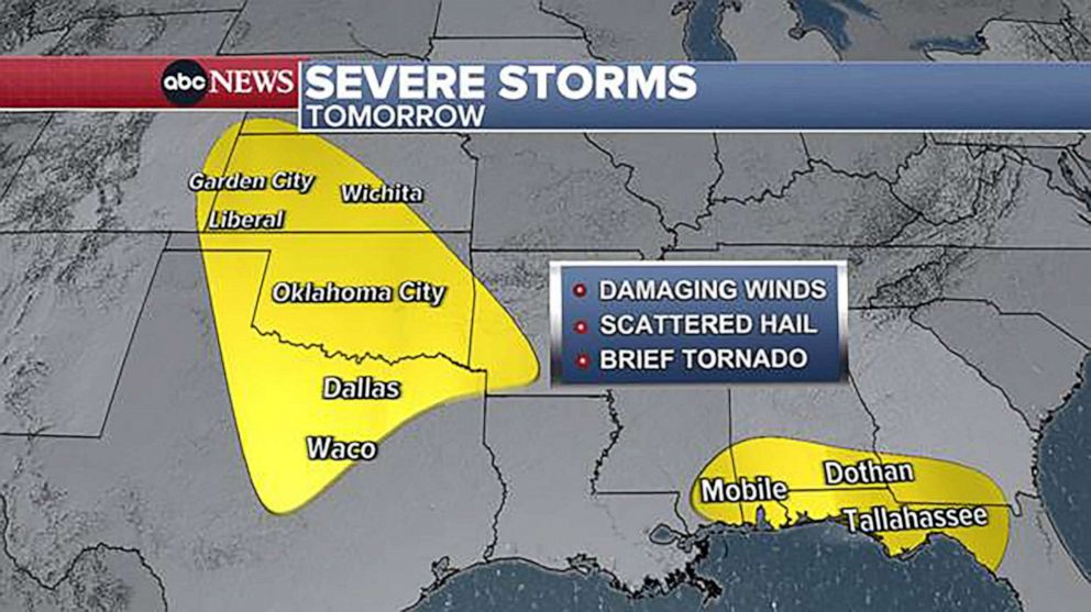 PHOTO: Tomorrow there will be two pockets for the potential of severe weather from the central and southern Plains to the Gulf Coast – including Wichita, OKC, Dallas, Mobile, and Tallahassee.