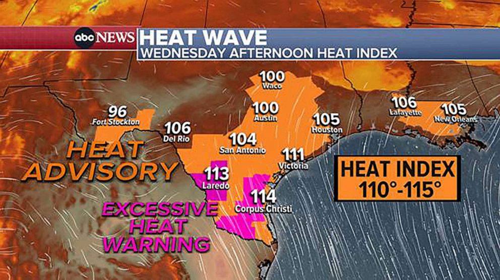 PHOTO: In the meantime, we are also tracking the developing pro-longed heat wave in Texas. Heat Advisories and Excessive Heat Warnings are in effect today and the heat index will soar over 110-115+ degrees!