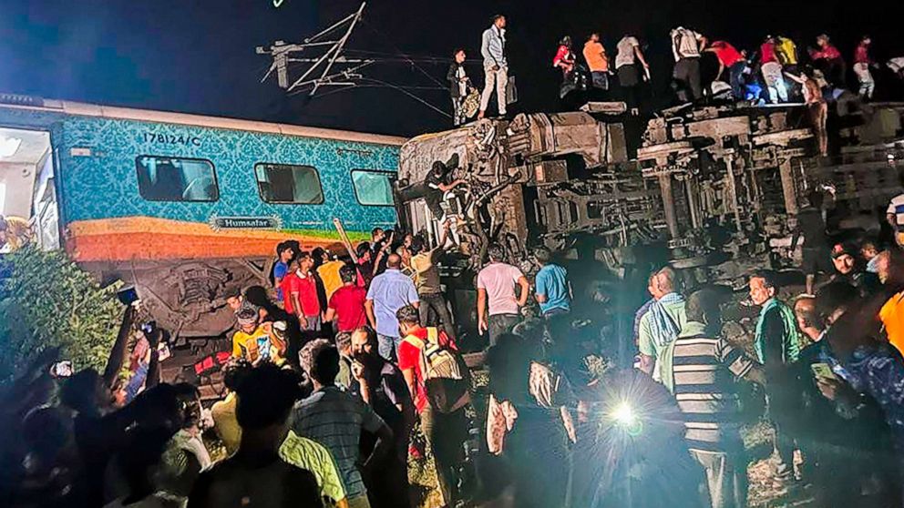 PHOTO: Rescuers work at the site of passenger trains that derailed in Balasore district, in the eastern Indian state of Orissa, June 2, 2023.