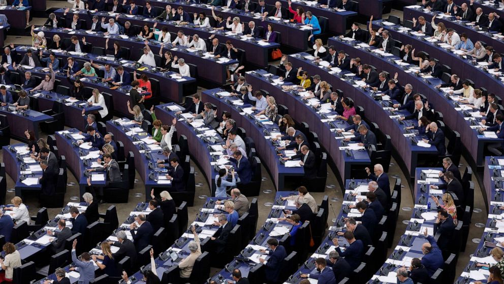 PHOTO: Lawmakers vote on the Artificial Intelligence act, June 14, 2023, at the European Parliament in Strasbourg, eastern France.