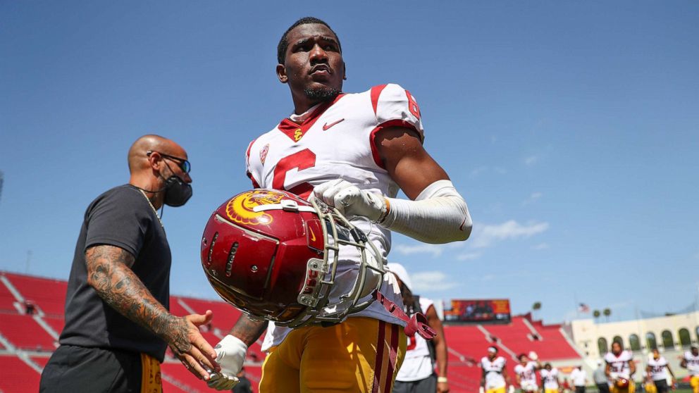 PHOTO: Joshua Jackson Jr. of the USC Trojans leaves the field after the spring game at Los Angeles Coliseum on April 17, 2021 in Los Angeles.