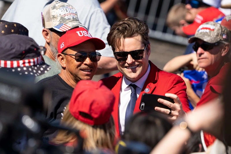 US Republican Representative Matt Gaetz, from Florida, poses with supporters as he attends a 2024 campaign rally for former US President Donald Trump in Waco, Texas, March 25, 2023. - Trump held the rally at the site of the deadly 1993 standoff between an anti-government cult and federal agents. (Photo by SUZANNE CORDEIRO / AFP) (Photo by SUZANNE CORDEIRO/AFP via Getty Images)