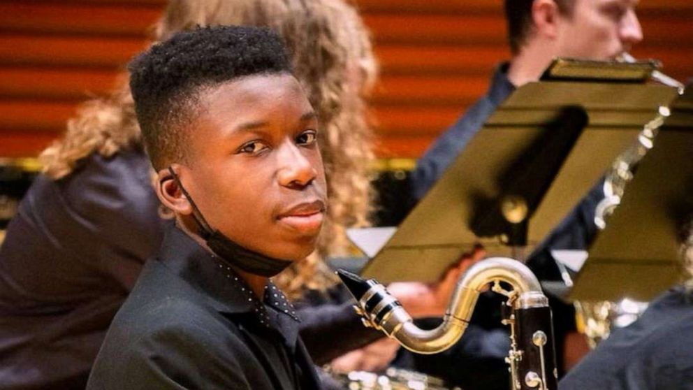 PHOTO: Ralph Yarl, a Black 16-year-old who was shot and wounded by a homeowner after mistakenly going to the wrong house to pick up his siblings, holds a bass clarinet in this picture obtained from social media.
