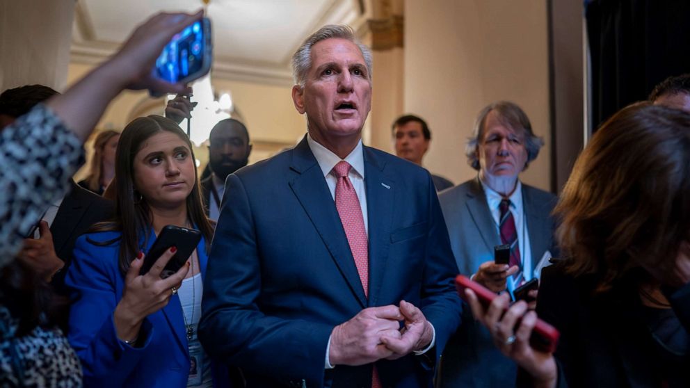 PHOTO: Speaker of the House Kevin McCarthy talks with reporters after votes in the House, at the Capitol in Washington, June 22, 2023.