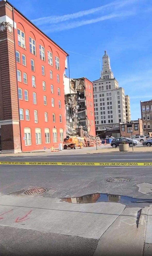 PHOTO: In this screen grab from a video, a collapsed building is shown in Davenport, Iowa, on May 28, 2023.