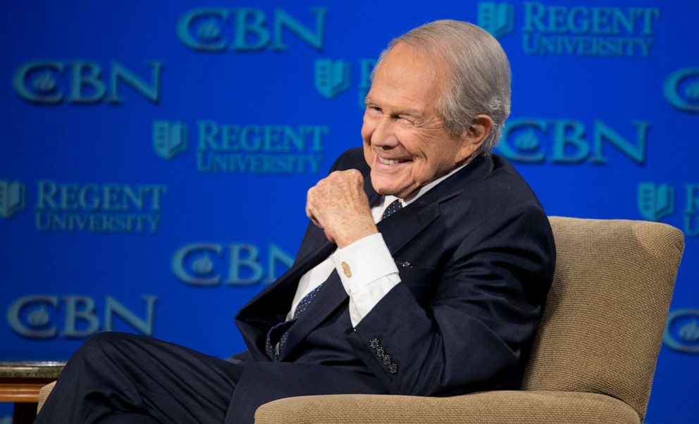 PHOTO: The Rev. Pat Robertson listens as Republican presidential candidate Donald Trump speaks at Regent University in Virginia Beach, Va., Feb. 24, 2016.