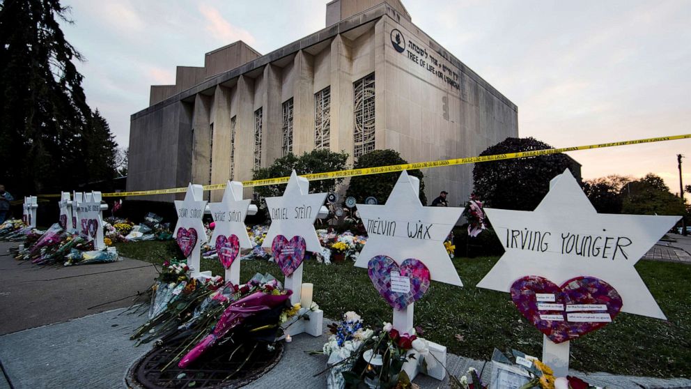 PHOTO: In this Oct. 29, 2018 file photo a makeshift memorial stands outside the Tree of Life Synagogue in the aftermath of a deadly shooting in Pittsburgh.
