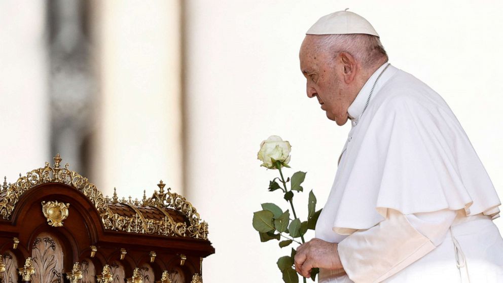 PHOTO: Pope Francis pays tribute to the relic of Saint Therese of Lisieux during the weekly general audience in St. Peter's Square at the Vatican, June 7, 2023.