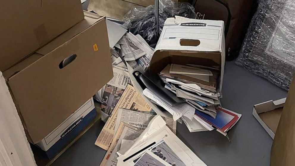 PHOTO: A photo contained in the indictment released on June 9, 2023, from the U.S. Southern District of Florida, shows boxes of potentially sensitive documents that were found at Mar-a-Lago in Palm Beach, Fla.